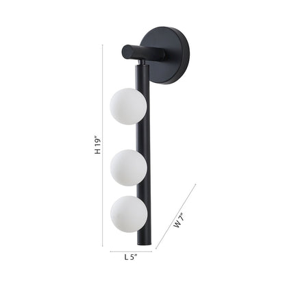 3-Light Matte Black Metal Wall Sconce With Whtie Glass Shades