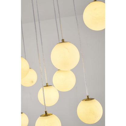 14-Light Brass Stainless Steel Chandelier With Alabaster Pendants