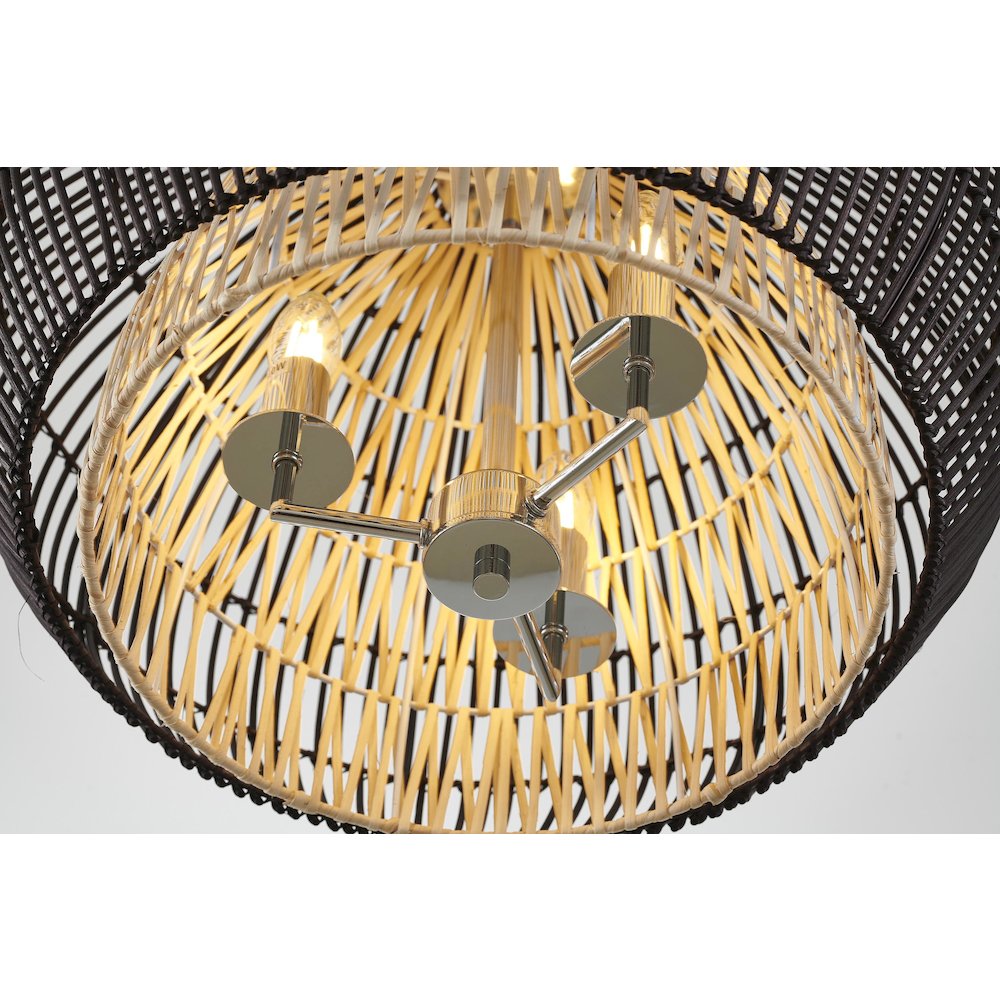 3-Light Chrome Chandelier With Black And Natural Wood Shade