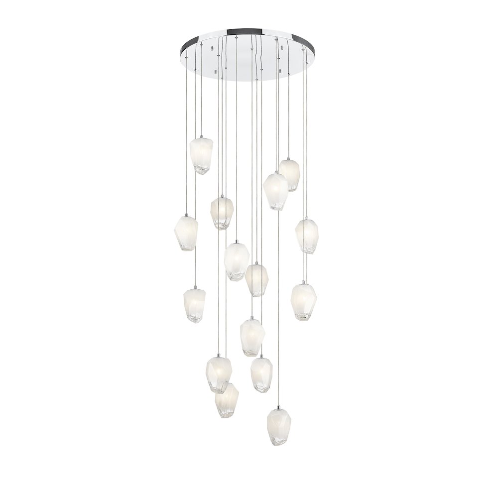15-Light Chrome Chandelier With White Glass Pendants