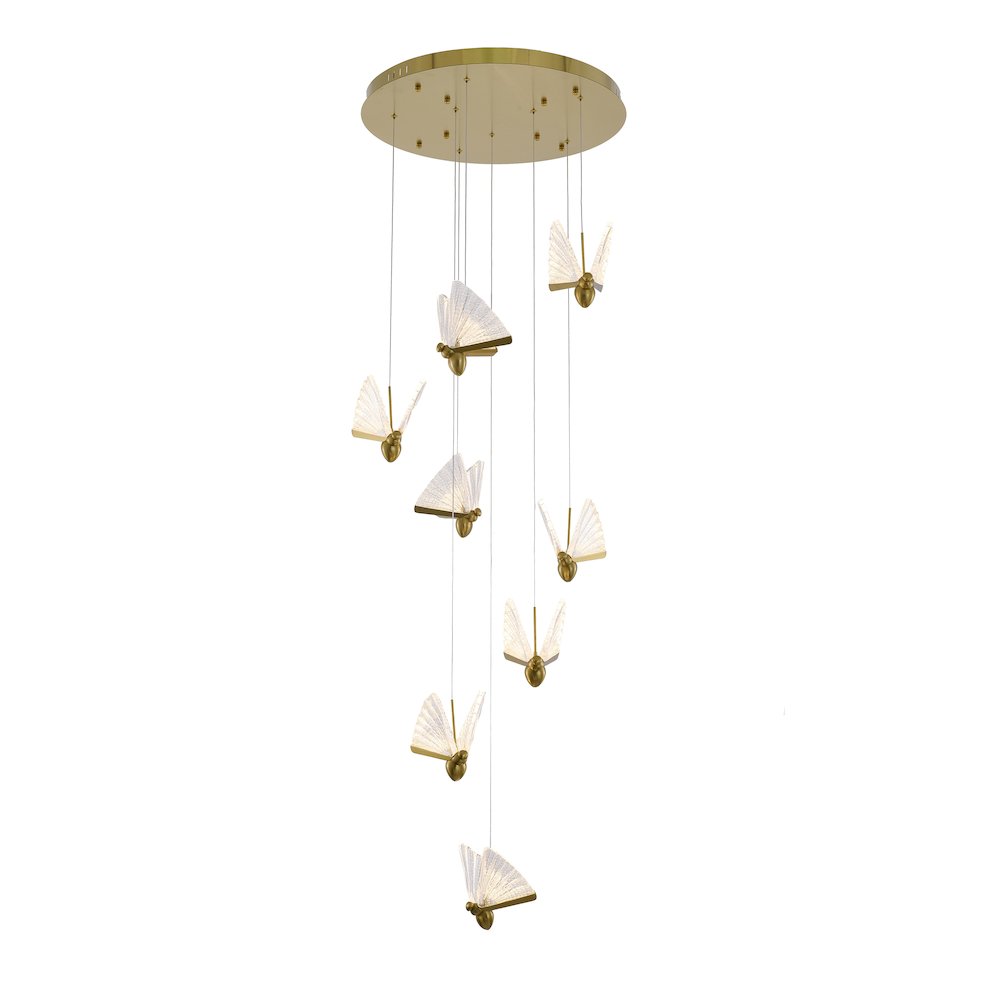 8-Light Stain Brass LED Chandelier With Butterfly Pendants