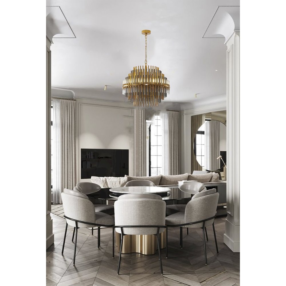 6-Light Brass Chandelier With Black Iron And Clear Glass Tubes