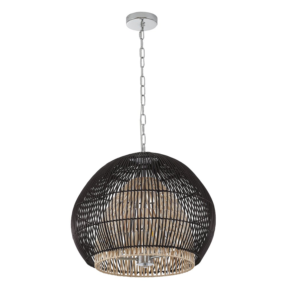 3-Light Chrome Chandelier With Black And Natural Wood Shade