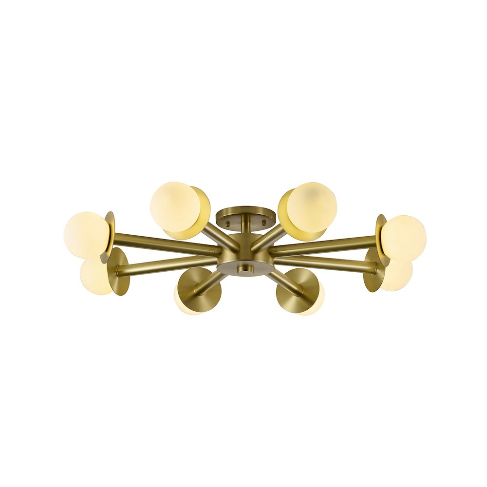 8-Light Satin Brass Flush Mount With White Glass Globe Shades