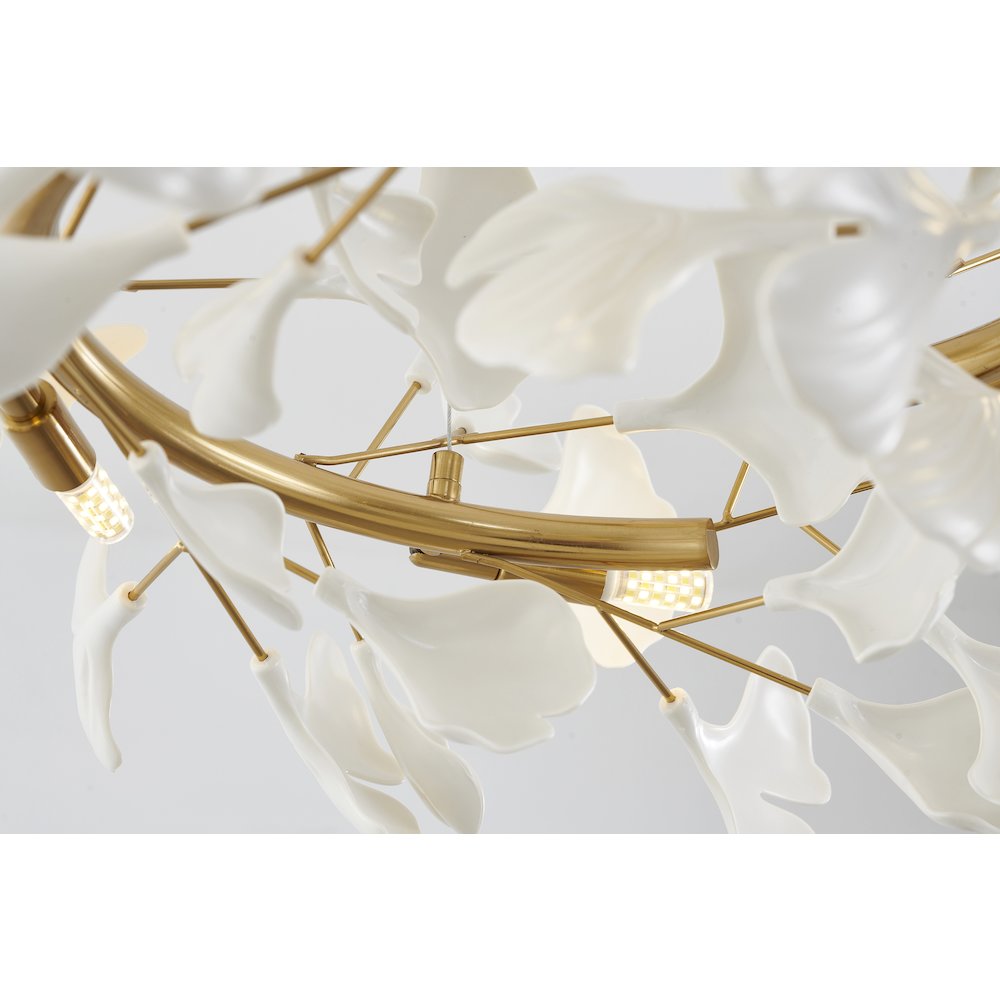 6-Light Brass Chandelier With Matte White Plastic Leaf Petals in a round shape
