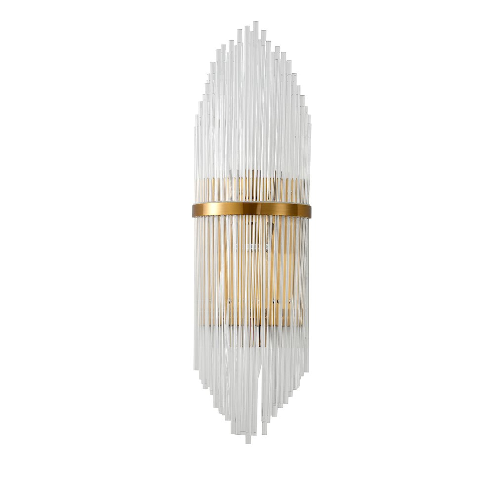 2-Light Antique Brass Metal Wall Sconce With Clear Glass Rods