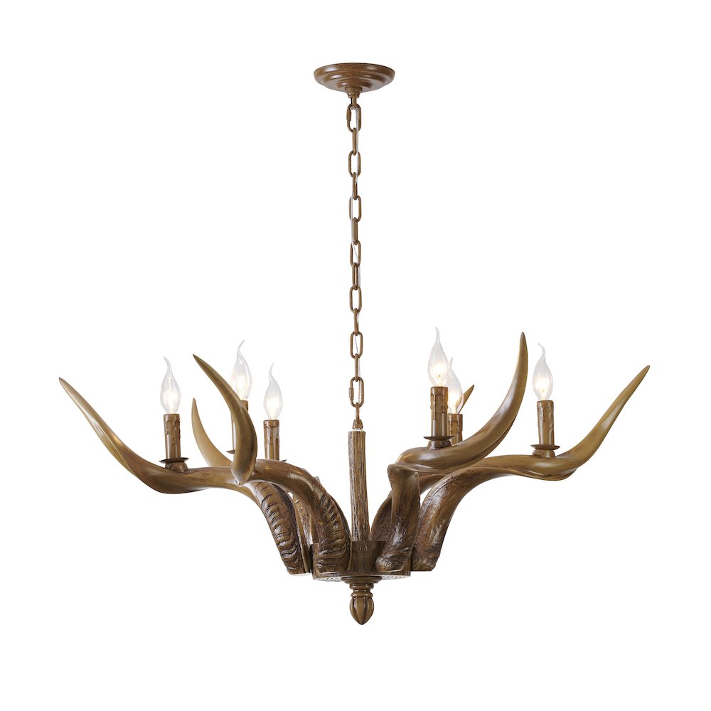 6-Light Brown Polyresin Antler Horn Chandelier