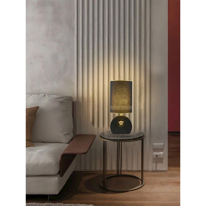 1-Light Black Iron Table Lamp With Leather Cover On Base And A Fabric Shade
