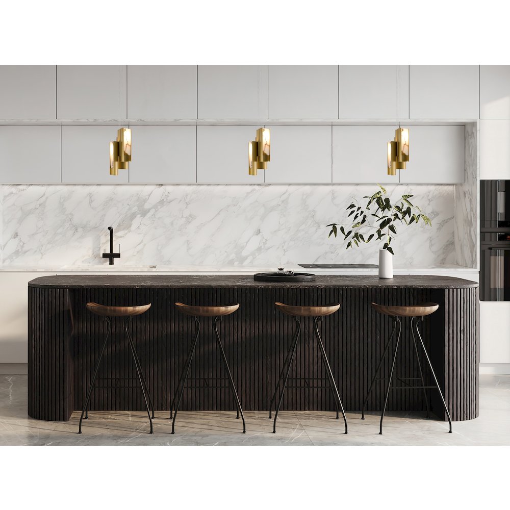 3-Light Satin Brass Aluminum LED Pendant With White Alabaster Accents