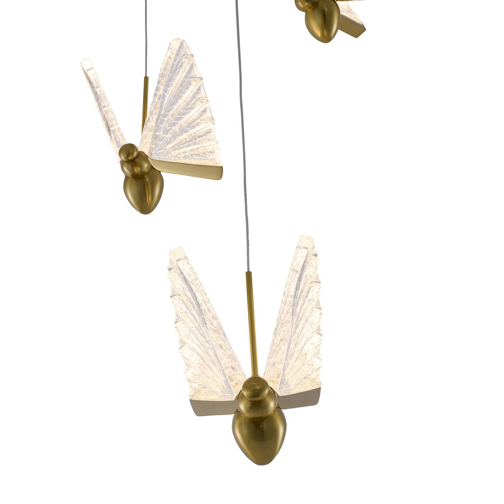 3-Light Stain Brass LED Chandelier With Butterfly Pendants