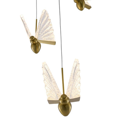 3-Light Stain Brass LED Chandelier With Butterfly Pendants