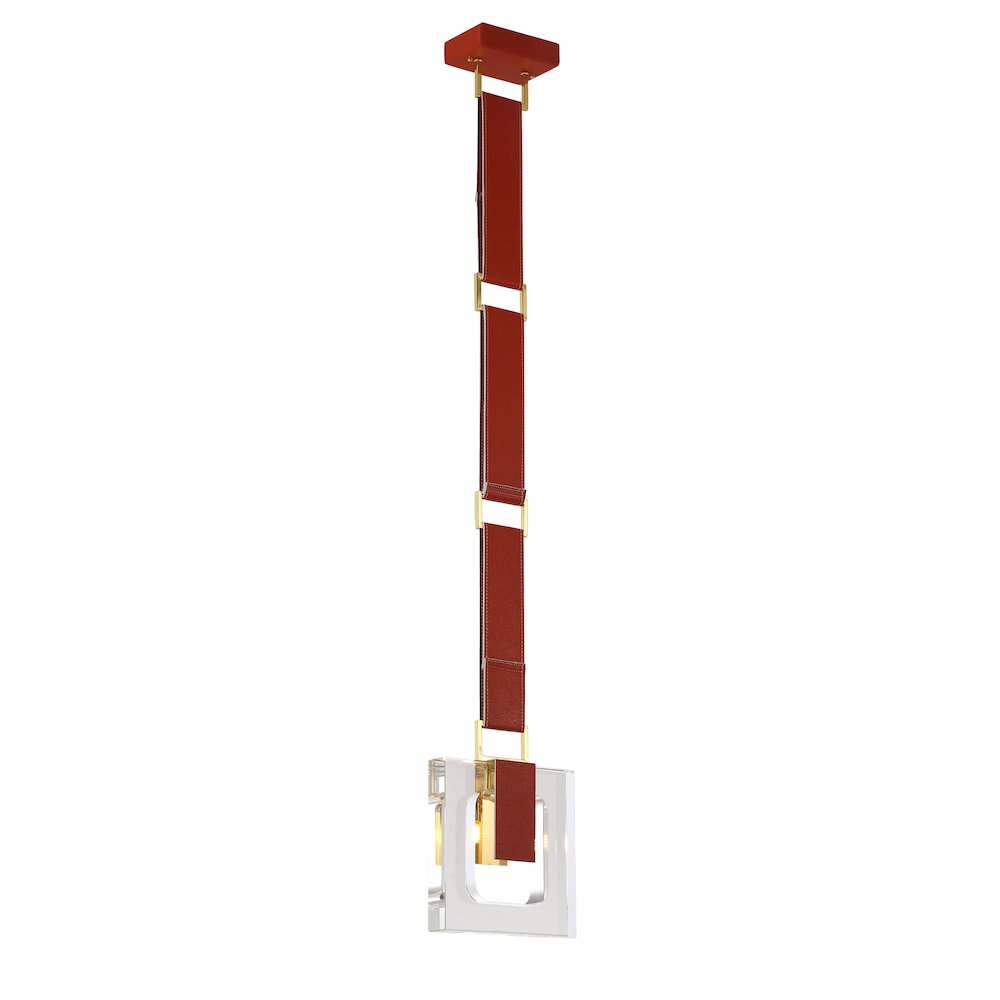 1-Light Red Leather Strap Pendant With A Clear Crystal Block