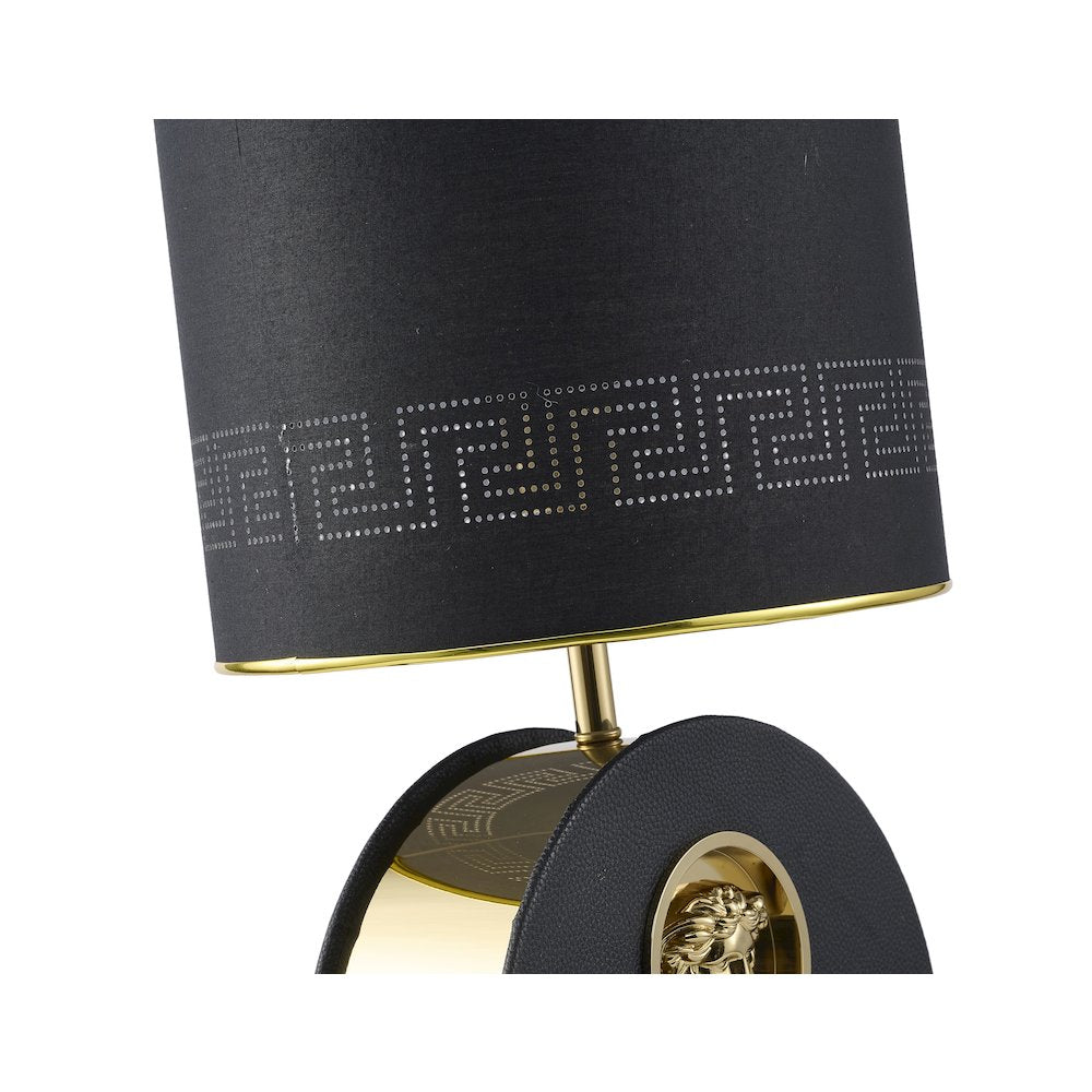 1-Light Black Iron Table Lamp With Leather Cover On Base And A Fabric Shade