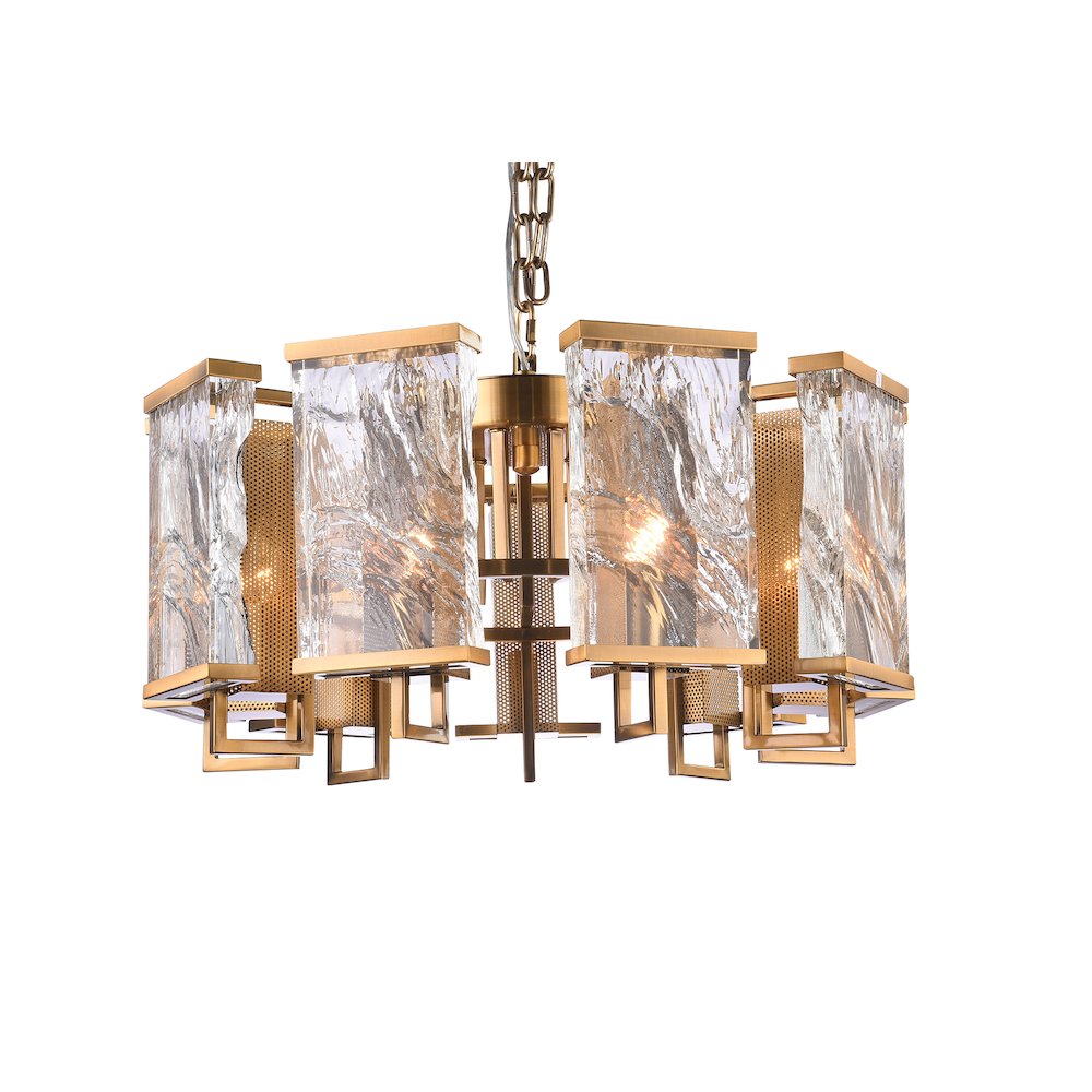9-Light Brass Metal Chandelier With Clear Crystal Plaques