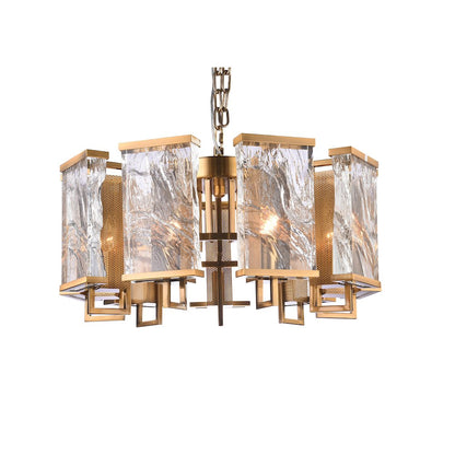 9-Light Brass Metal Chandelier With Clear Crystal Plaques