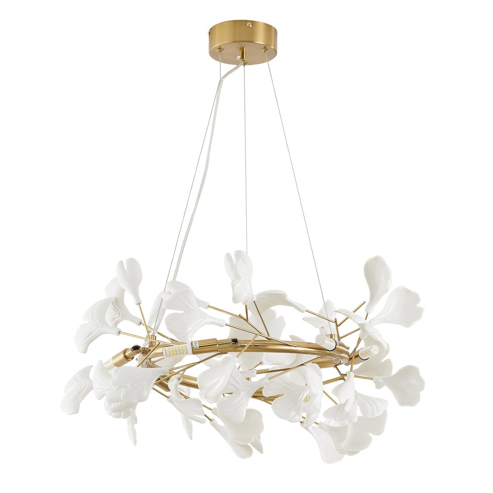 6-Light Brass Chandelier With Matte White Plastic Leaf Petals in a round shape