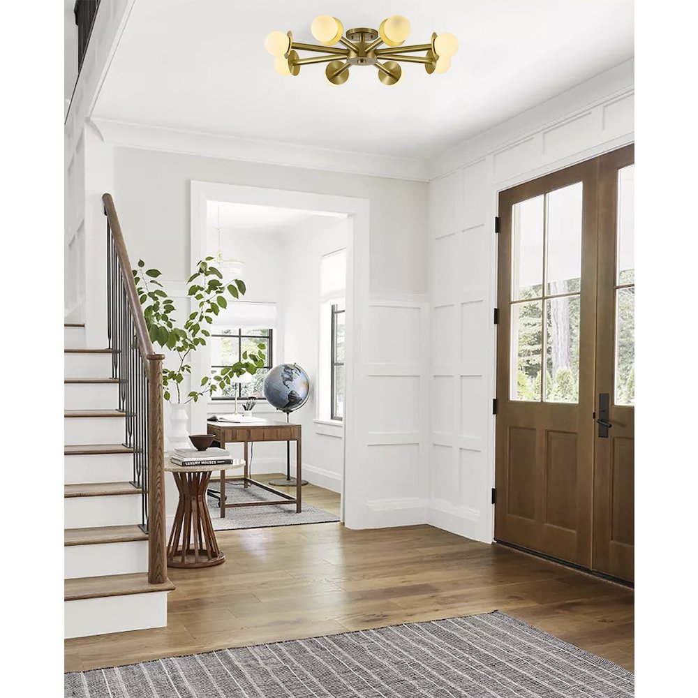 8-Light Satin Brass Flush Mount With White Glass Globe Shades