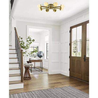 8-Light Satin Brass Flush Mount With White Glass Globe Shades