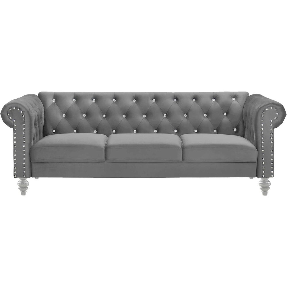 Velvet Fabric Sofa with Rolled Arms in Gray, Elegant Living Room Seating