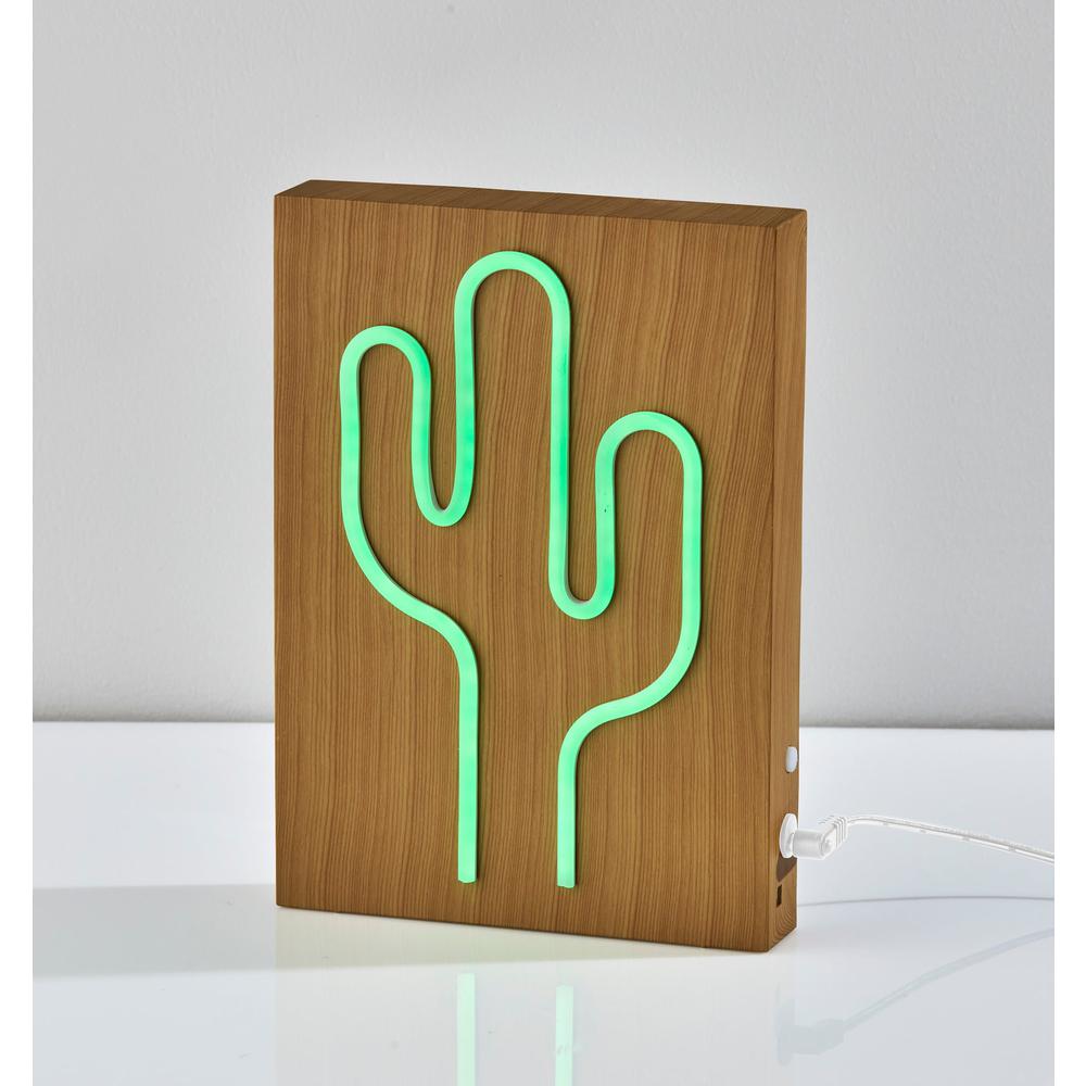 Wood Framed Neon Cactus Table/Wall Lamp
