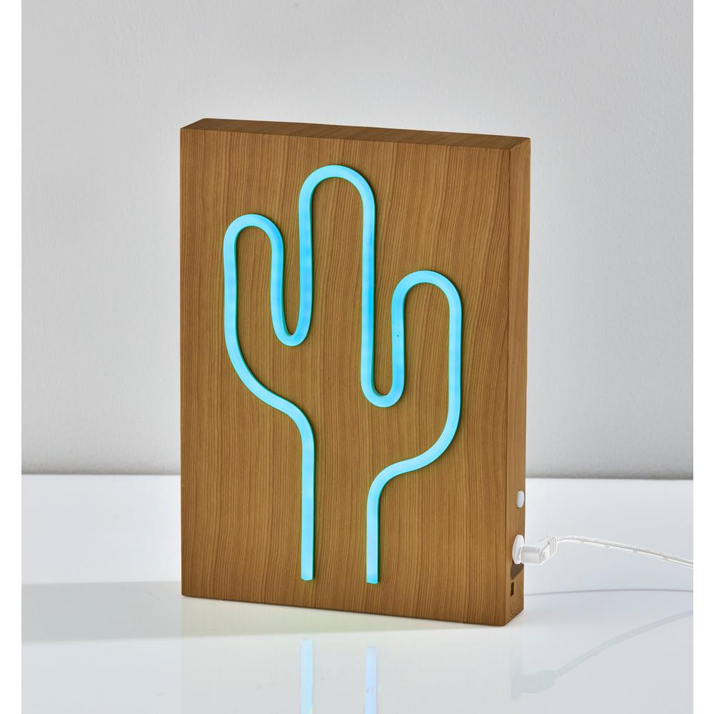 Wood Framed Neon Cactus Table/Wall Lamp