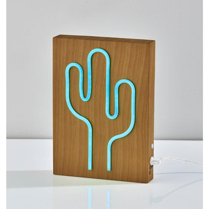 Wood Framed Neon Cactus Table/Wall Lamp