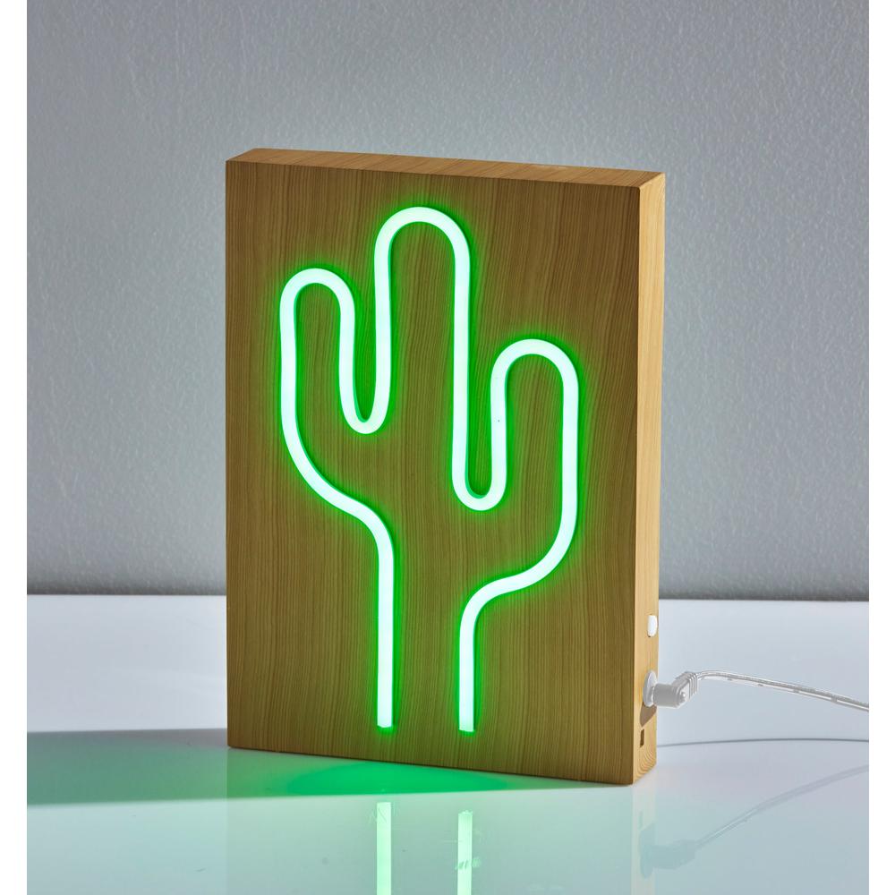 Wood Framed Neon Cactus Table/Wall Lamp