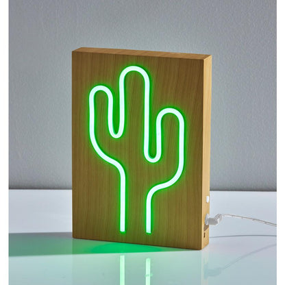 Wood Framed Neon Cactus Table/Wall Lamp