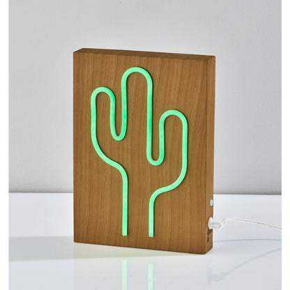Wood Framed Neon Cactus Table/Wall Lamp