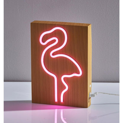 Wood Framed Neon Flamingo Table/Wall Lamp