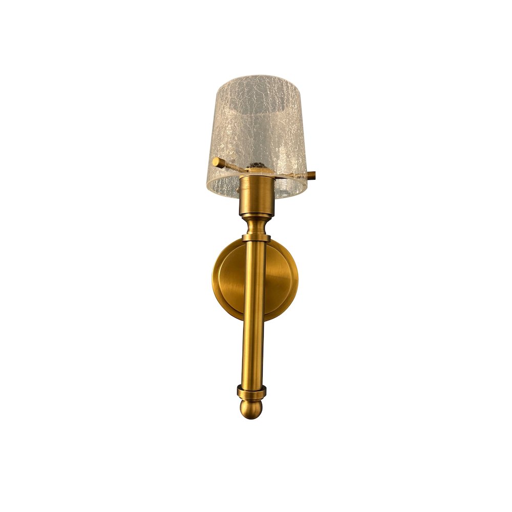 Single brushed brass sconce with crackle glass shade