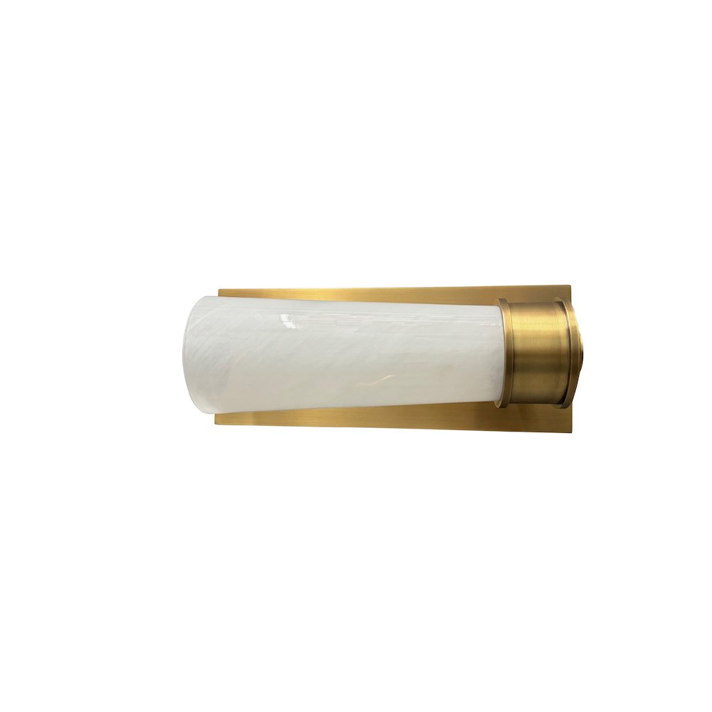 Single brushed brass sconce with rectangular backplate and glass shade