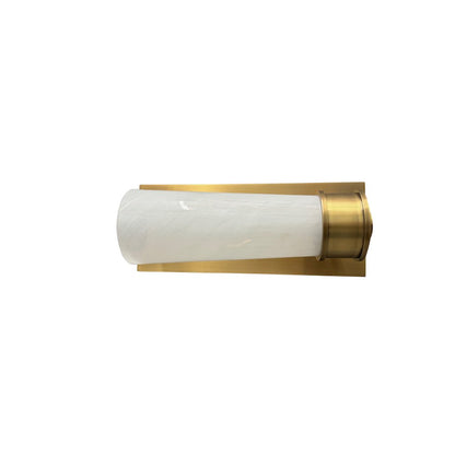 Single brushed brass sconce with rectangular backplate and glass shade