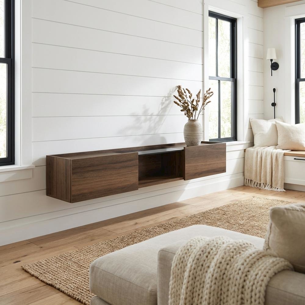 Walnut Wall-Mounted TV Stand for 65-Inch Screens with Engineered Wood Finish