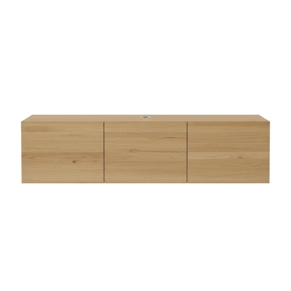 Brown floating TV stand, screens up to 75 inches, sturdy rubberwood