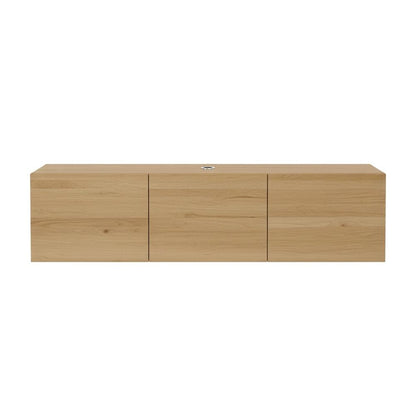 Brown floating TV stand, screens up to 75 inches, sturdy rubberwood