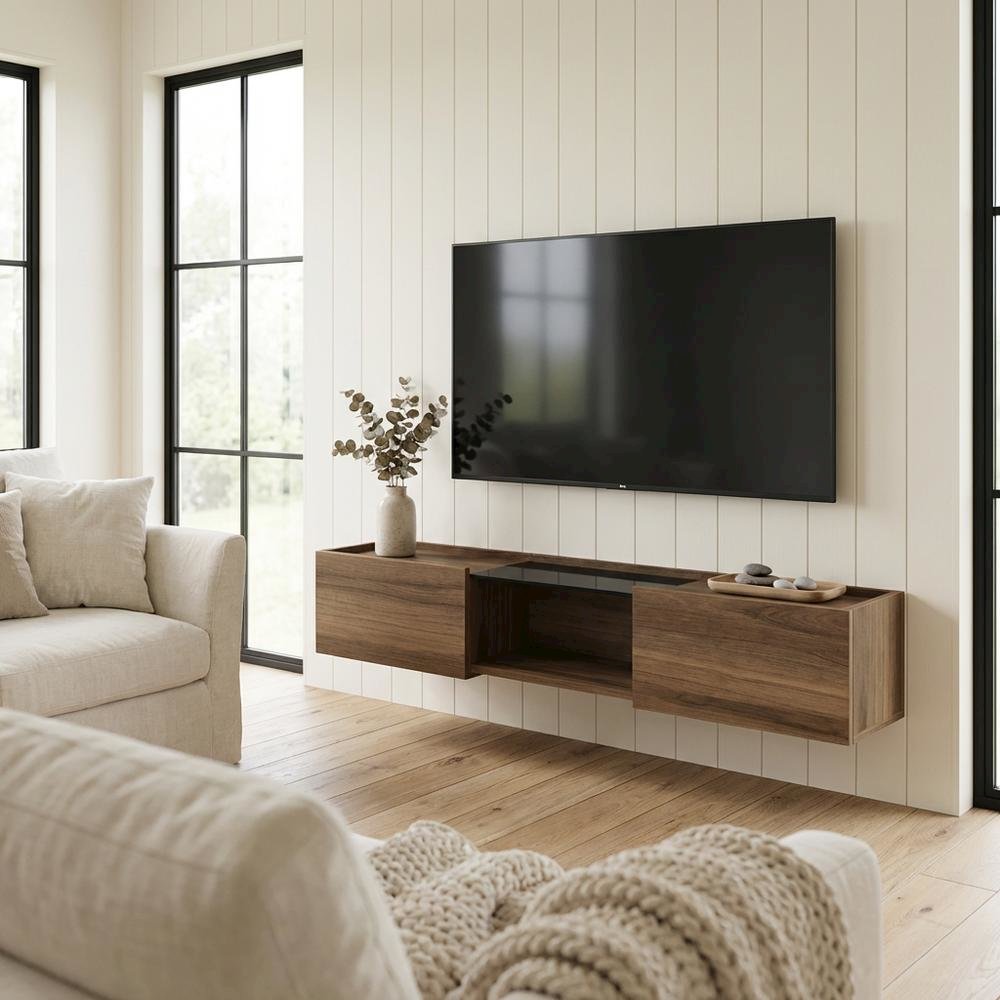 Walnut Wall-Mounted TV Stand for 65-Inch Screens with Engineered Wood Finish
