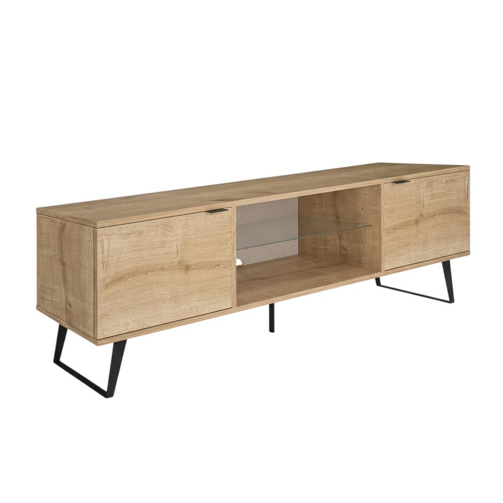Mid Century Modern Oak Glass Shelf TV Stand with Wooden Frame
