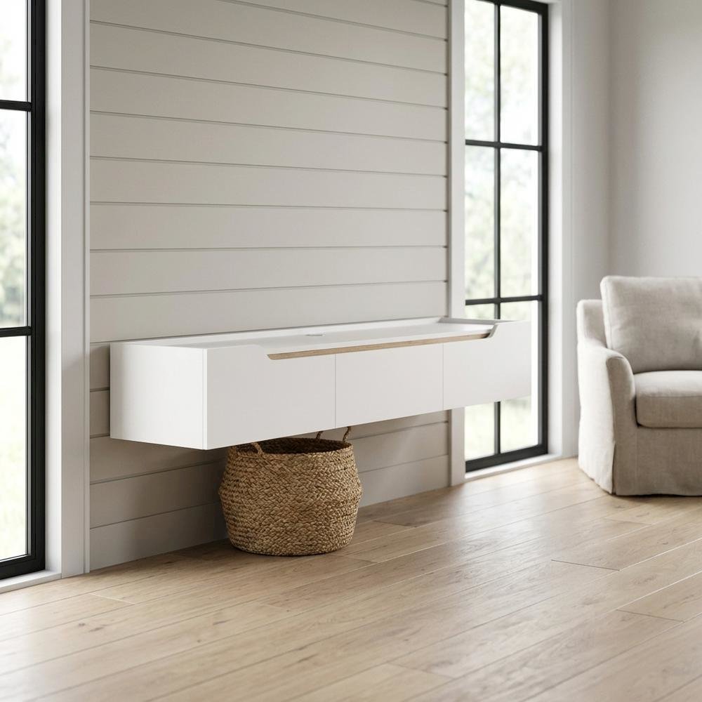 White Wall-Mounted TV Stand, Up to 80 Inch Screens, Engineered Wood Finish