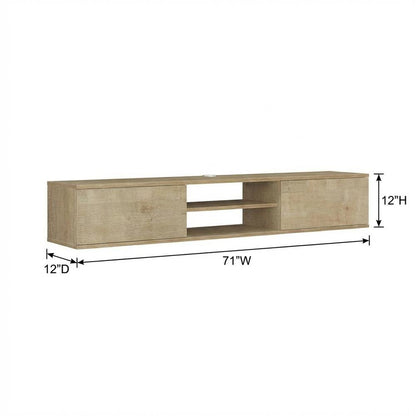 Brown floating TV stand with wall-mounted design and spacious storage