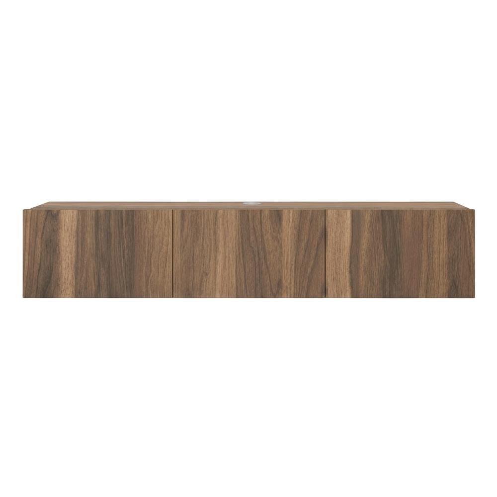 Brown floating TV stand with wall-mount design and modern appeal