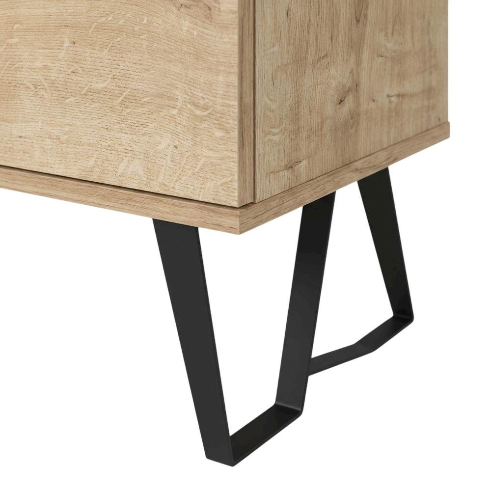 Mid Century Modern Oak Glass Shelf TV Stand with Wooden Frame