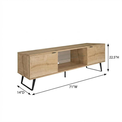 Mid Century Modern Oak Glass Shelf TV Stand with Wooden Frame