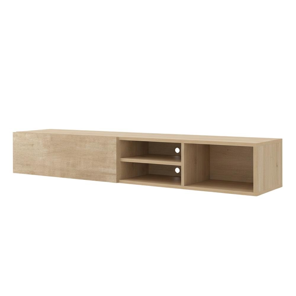 Floating TV Stand with Oak Finish and Open Shelves for Modern Living