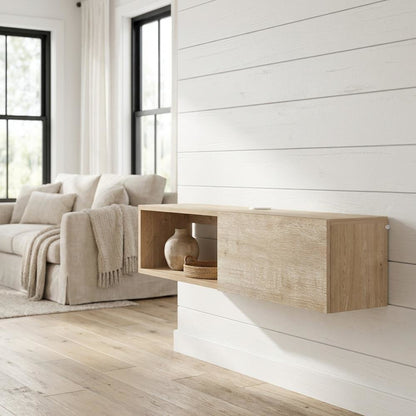 Oak Floating TV Stand with 1 Shelf and 1 Door, Engineered Wood Finish