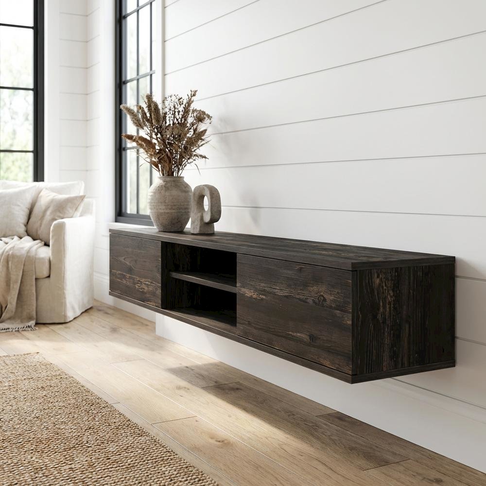 Black Oak Wall-Mounted TV Stand with Engineered Wood Finish