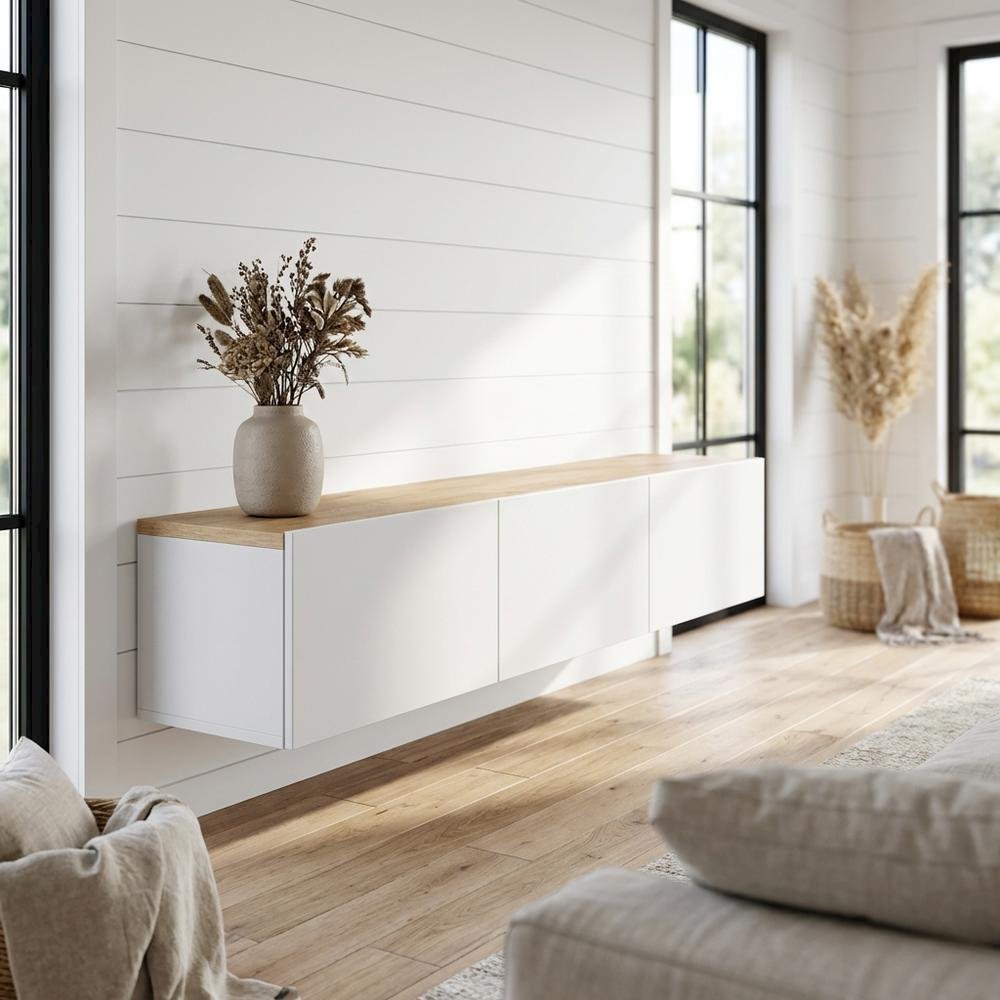 Wall-Mounted TV Stand for Up to 75 Inch Displays in White and Sapphire Oak**