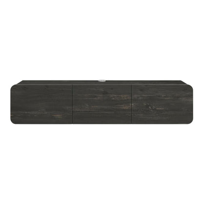 Black floating TV stand, 80 inch flat screens, modern design, durable wood