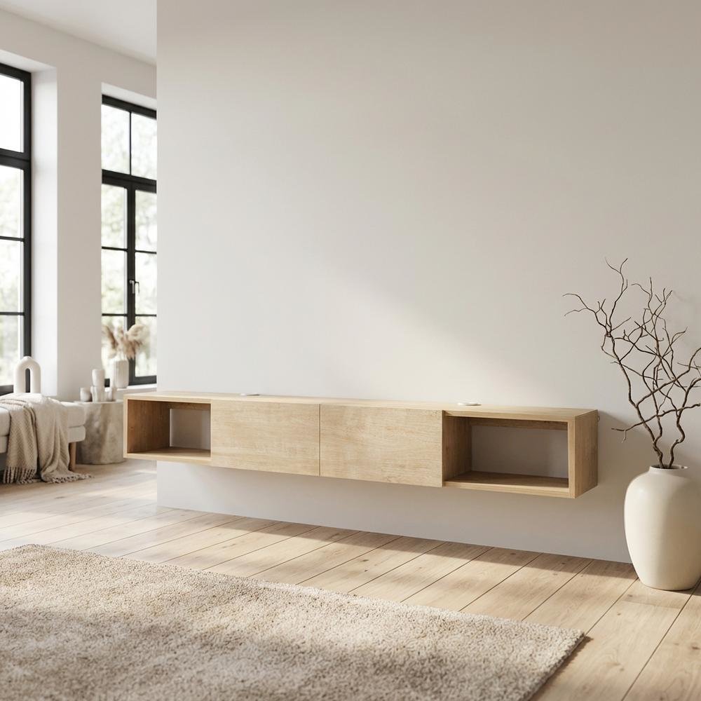 Modern Oak Wall-Mounted TV Stand for 75 Inch Flat Screen with Engineered Wood