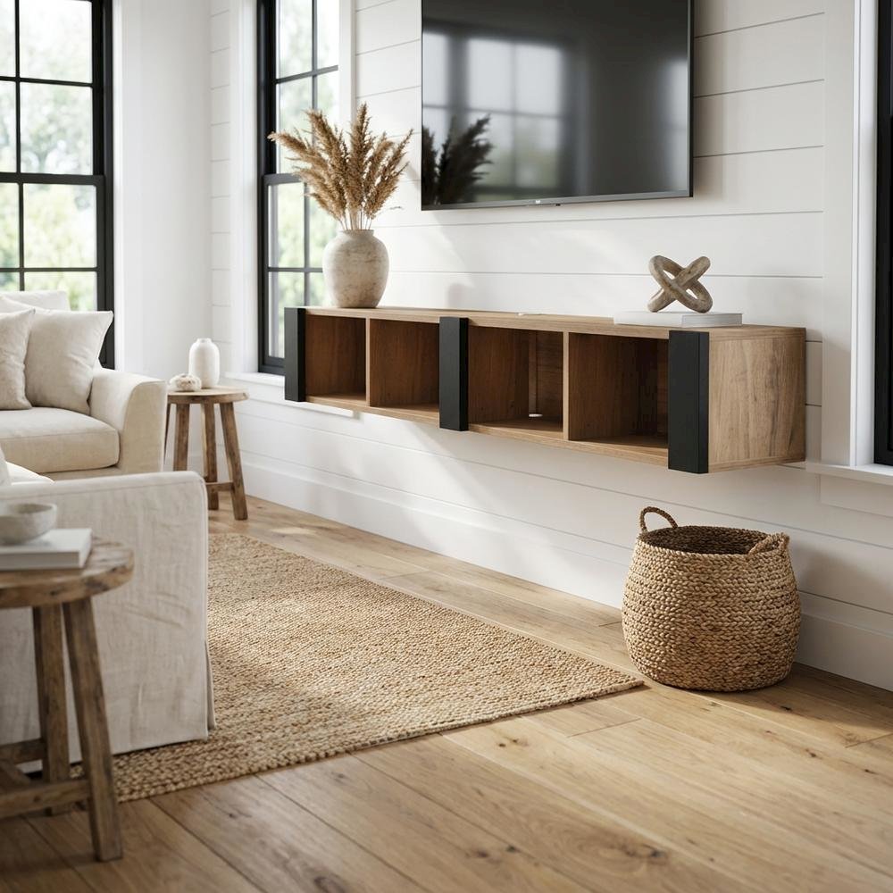 Brown Wall-Mounted TV Stand for 75 Inch TVs with Engineered Wood Design